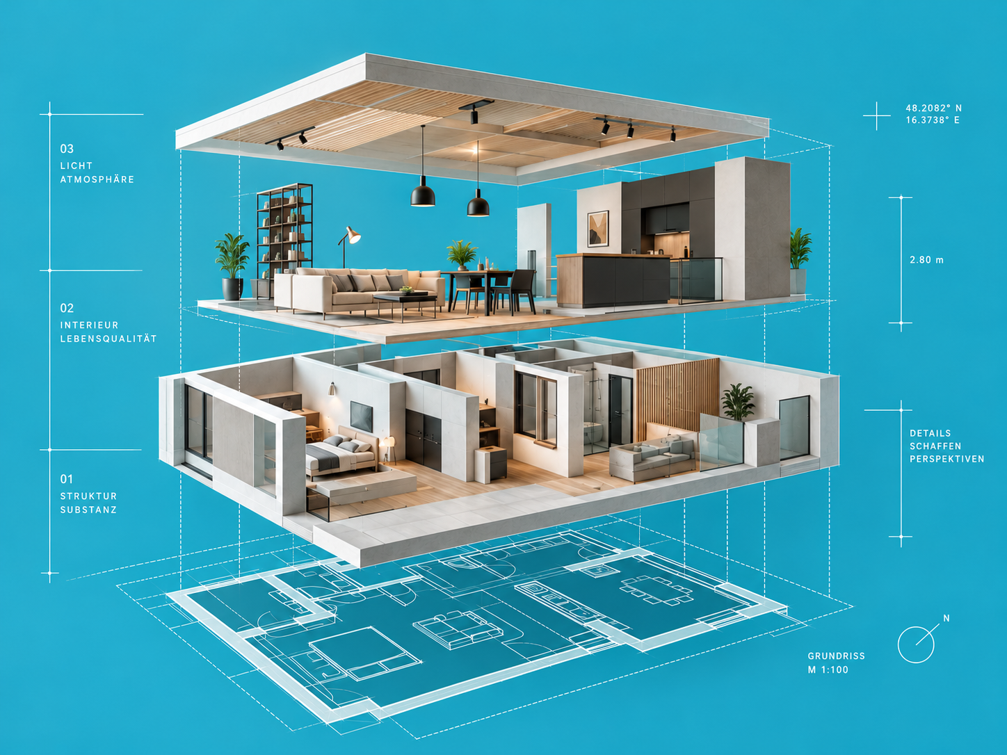 Architekturvisualisierung mit vier schwebenden Ebenen: Grundriss, ausgestattete Räume, Wohnebene mit Küche und eine Decke mit Lichtkonzept.